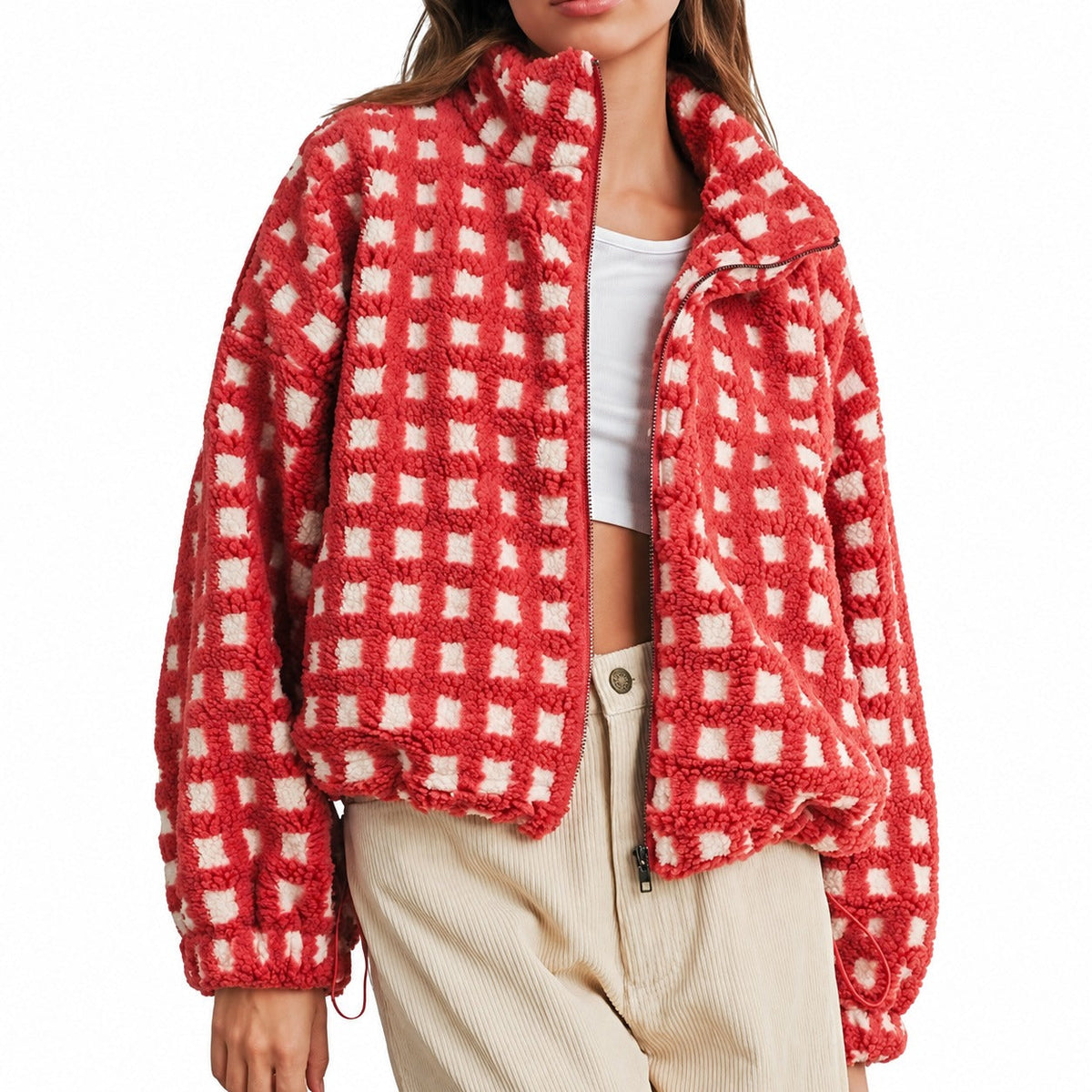 Women's Jacket - Full-Zip, Oversized Fit, Checkered Design