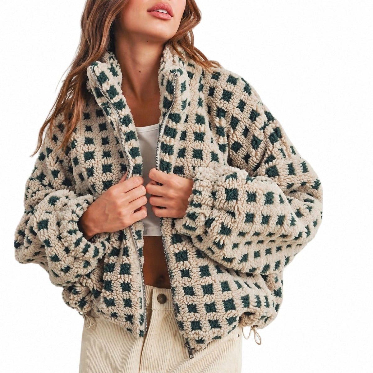 Women's Jacket - Full-Zip, Oversized Fit, Checkered Design