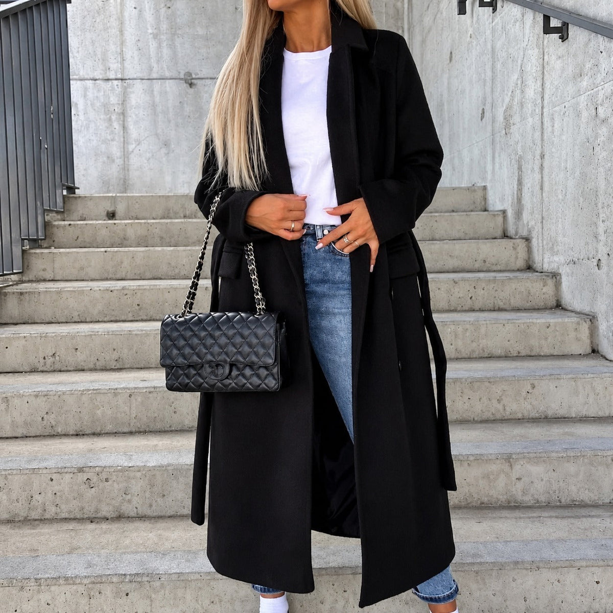 Women's Long Coat - Double-Breasted, Belted Design, Tailored Fit