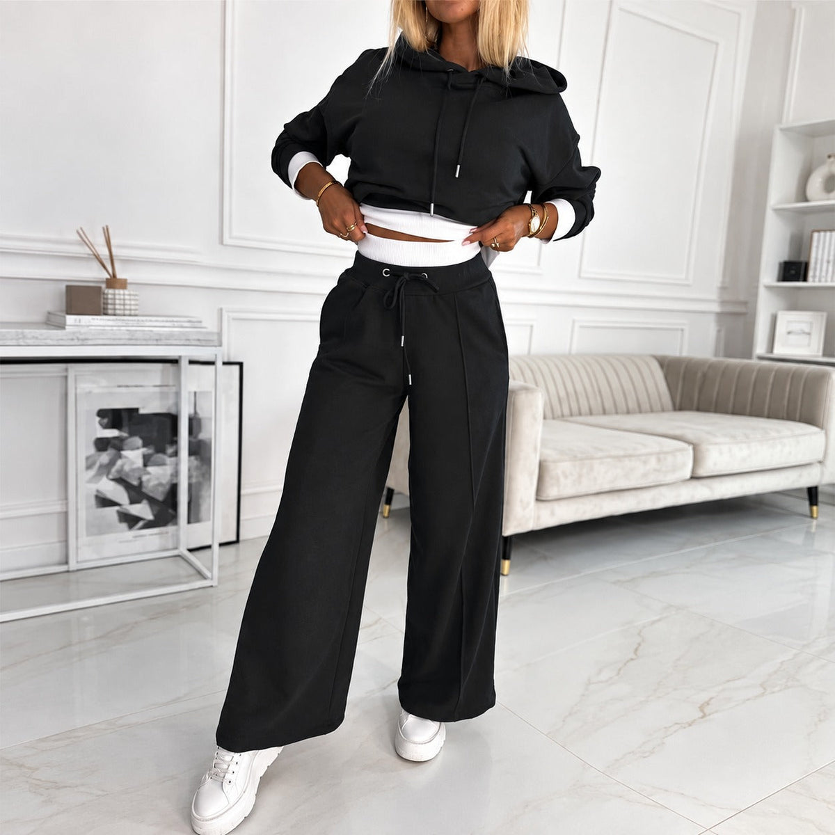 Women's Outfit Set - Hooded Sweatshirt and Wide-Leg Pants, Relaxed Fit
