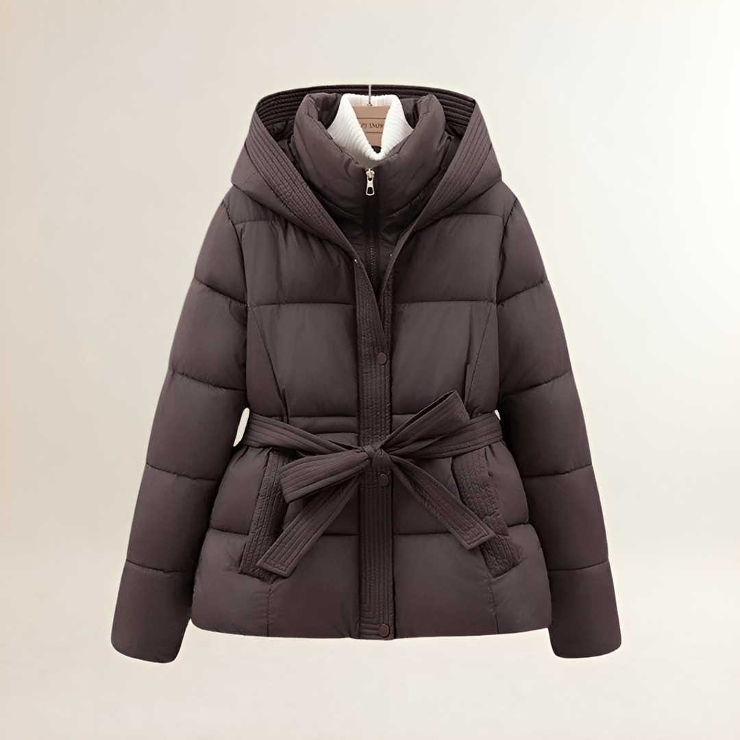 Women's Puffer Jacket with Hood and Belt - Quilted Design, Comfortable Fit