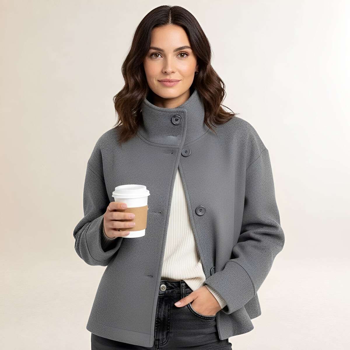 Women's Short Jacket - High Collar, Double Button Closure, Relaxed Fit