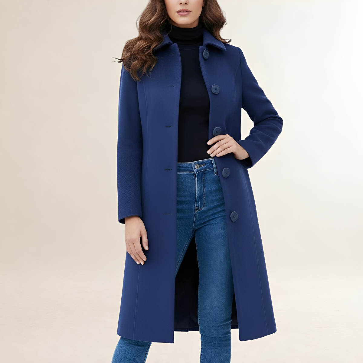 Women's Single Breasted Long Coat - Classic Collar, Button Closure, Fit and Flare