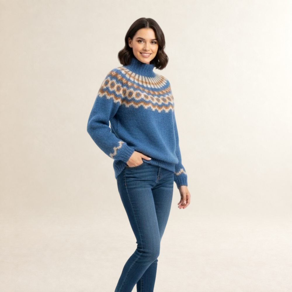 Women's Sweater - Nordic Pattern, High Neck, Relaxed Fit