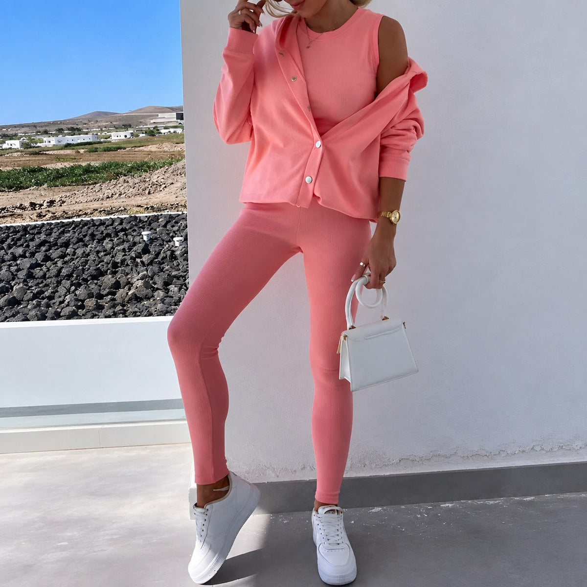 Women Set - Long Sleeve Cardigan with Button Closure and Fitted Leggings