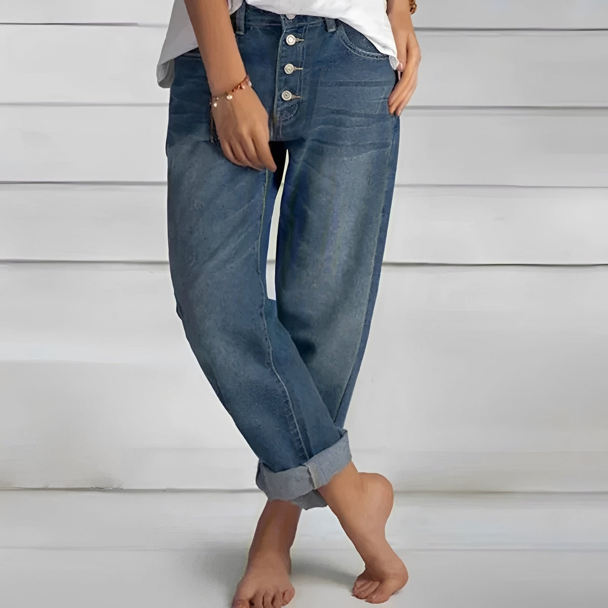 Women Trousers Jeans - High-Waist, Loose Fit, Button Fly, Rolled Cuff
