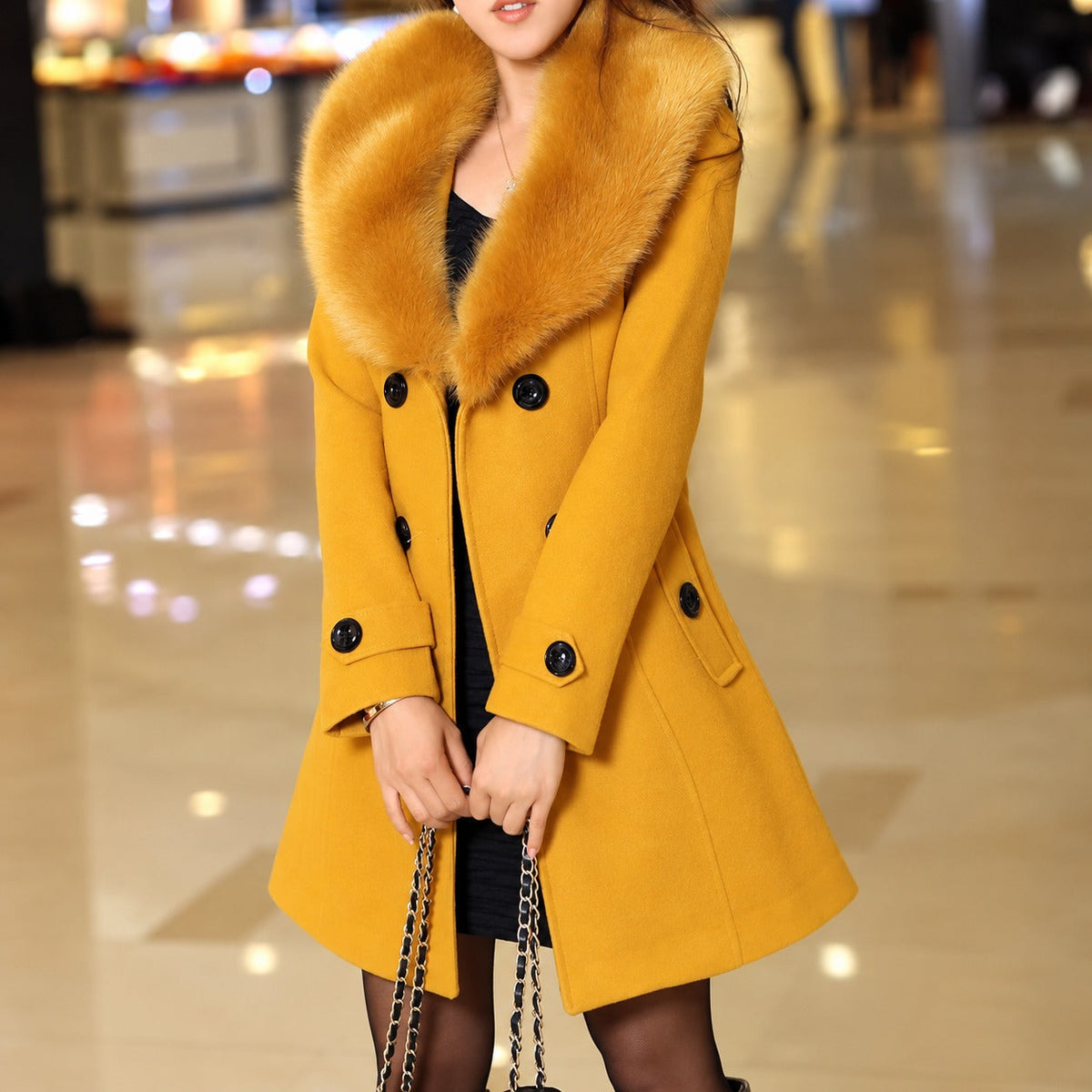 Womens Coat with Contrast Collar - Double-Breasted Belted Design