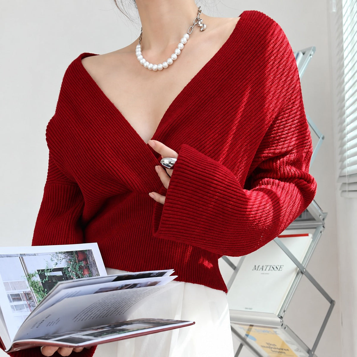 Wrap Sweater for Women - Long Sleeve, Regular Fit, V-Neck, Bell Sleeve