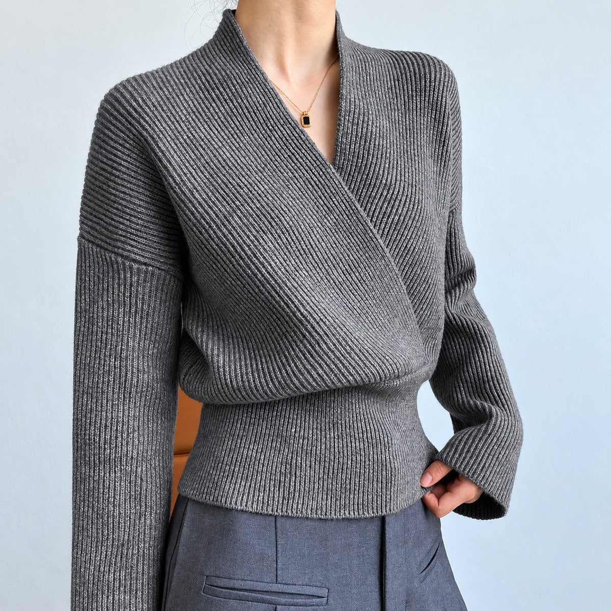 Wrap Sweater for Women - Long Sleeve, Regular Fit, V-Neck, Bell Sleeve