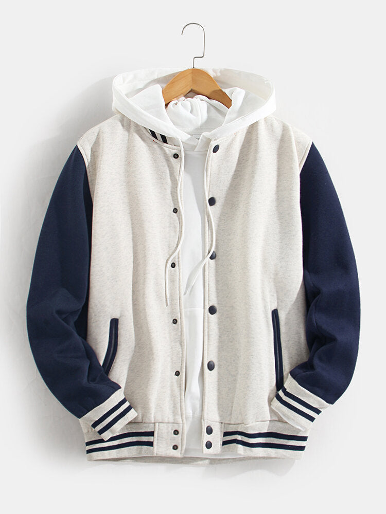 Men's Contrast Sleeve Varsity Bomber Jacket – Classic Snap-Button College Style Outerwear for Spring and Autumn