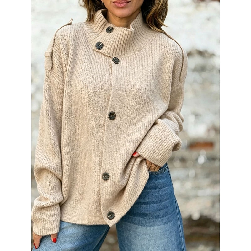 Diane | Button-Front Stand Collar Ribbed Knit Cardigan