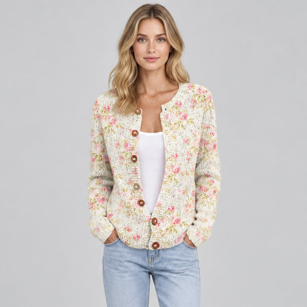 Women's 3D Pattern Knit Cardigan – Relaxed Midi Crew Neck