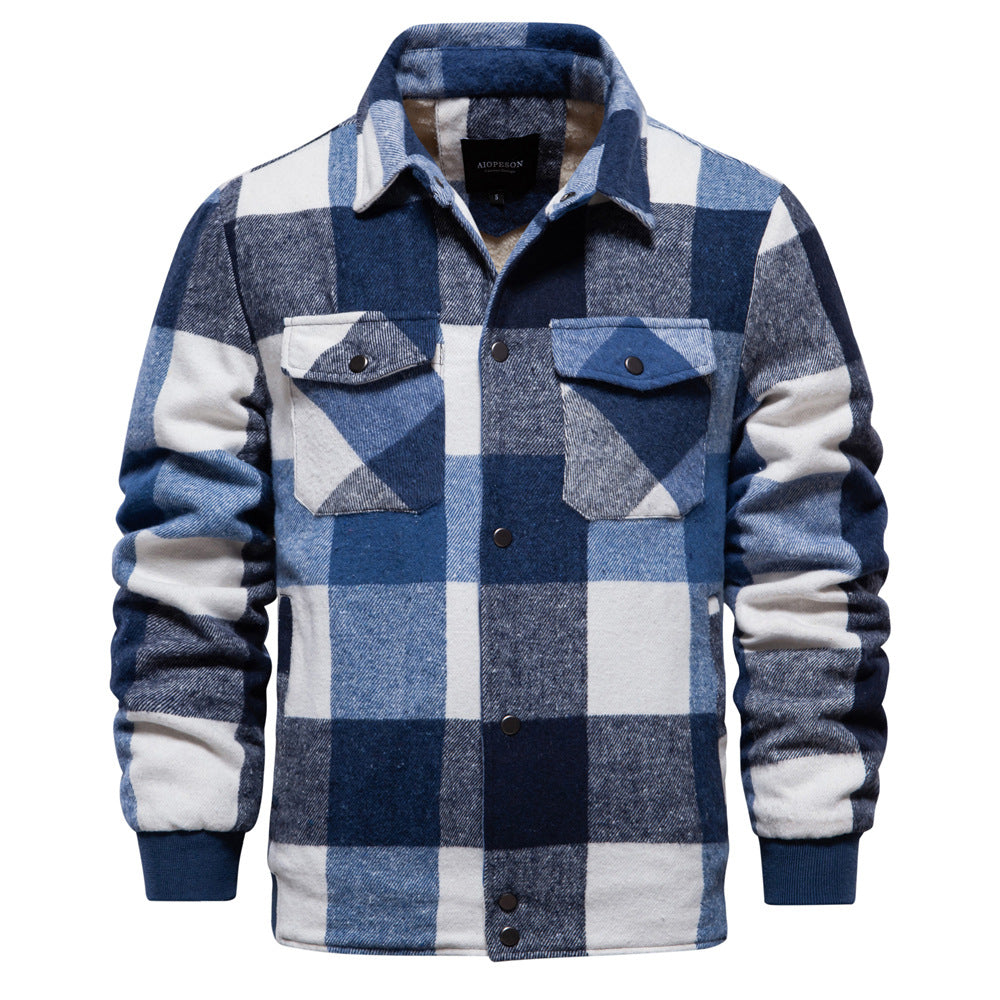 Men's Plaid Cotton Jacket with Zipper Pockets and Smooth Liner