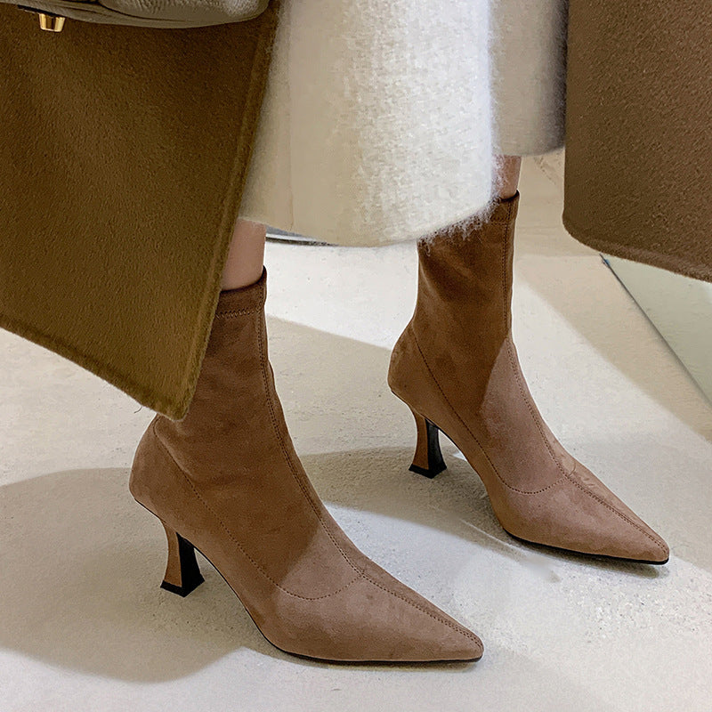Women's Suede Ankle Boot – Stiletto Heel, Pointed Toe, Sock Fit