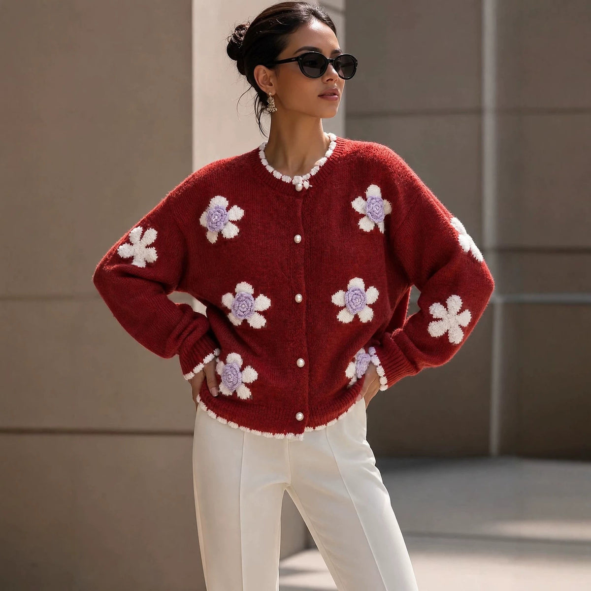 Women's Knit Cardigan with Dimensional Floral Appliqué – Relaxed Fit
