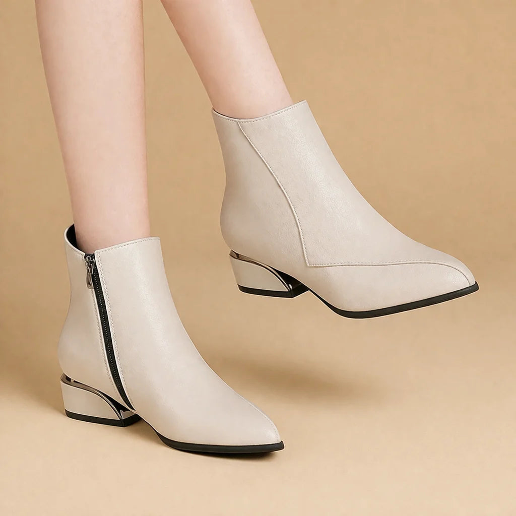 Women's Ankle Boots Vegan Leather Chunky Heel British Style Stitched Boot