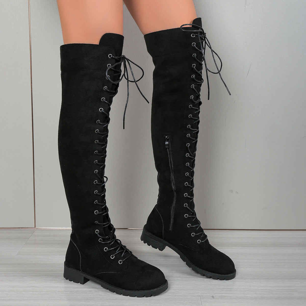 Women's Over-The-Knee Lace-Up Boot – Flat Heel Modern Silhouette