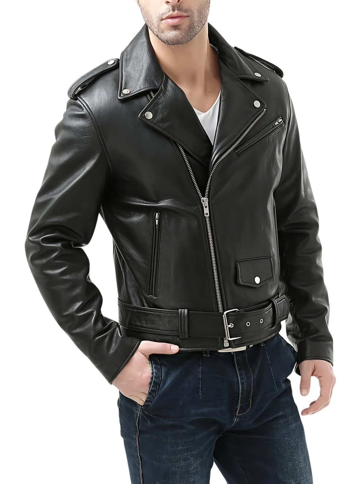 Men's Vegan Leather Jacket Loose Fit – 3D Patch Pocket Street Style
