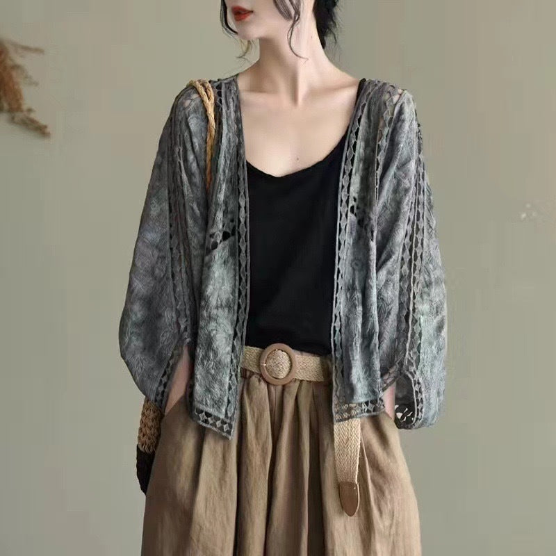 Women's Cotton Crochet Cardigan – Embroidered Slim Fit Long Sleeve