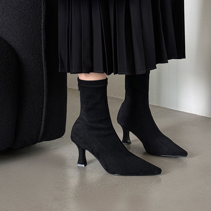 Women's Suede Ankle Boot – Stiletto Heel, Pointed Toe, Sock Fit