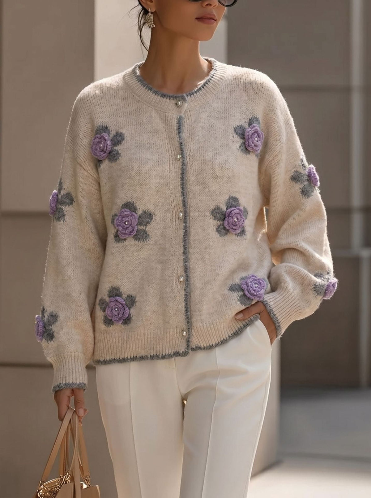 Women's Knit Cardigan with Dimensional Floral Appliqué – Relaxed Fit