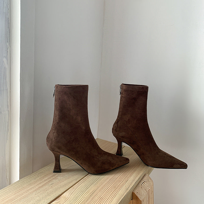 Women's Suede Ankle Boot – Stiletto Heel, Pointed Toe, Sock Fit