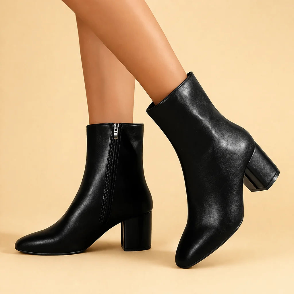 Women's High Heel Chunky Boot – Square Toe Side Zip Design