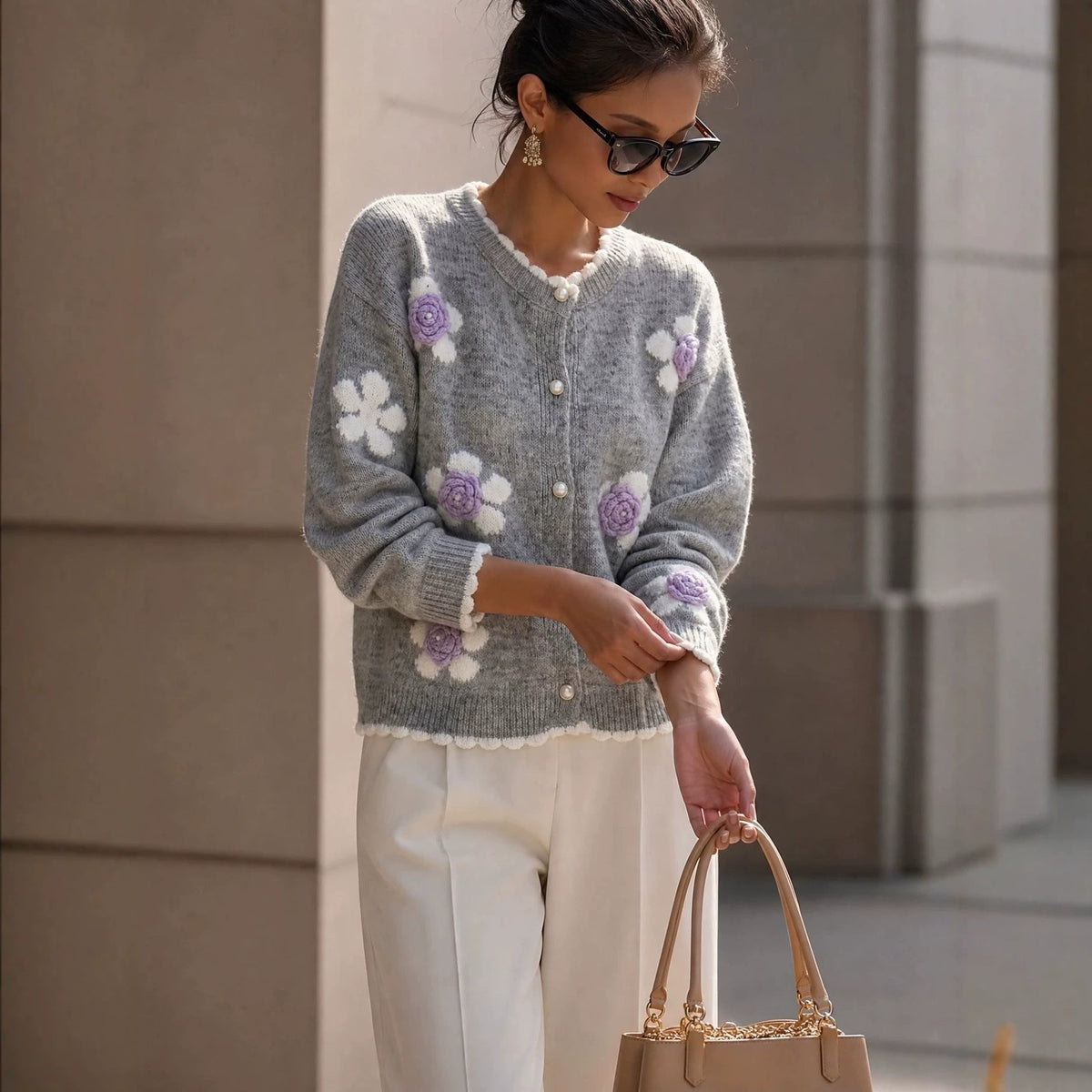 Women's Knit Cardigan with Dimensional Floral Appliqué – Relaxed Fit