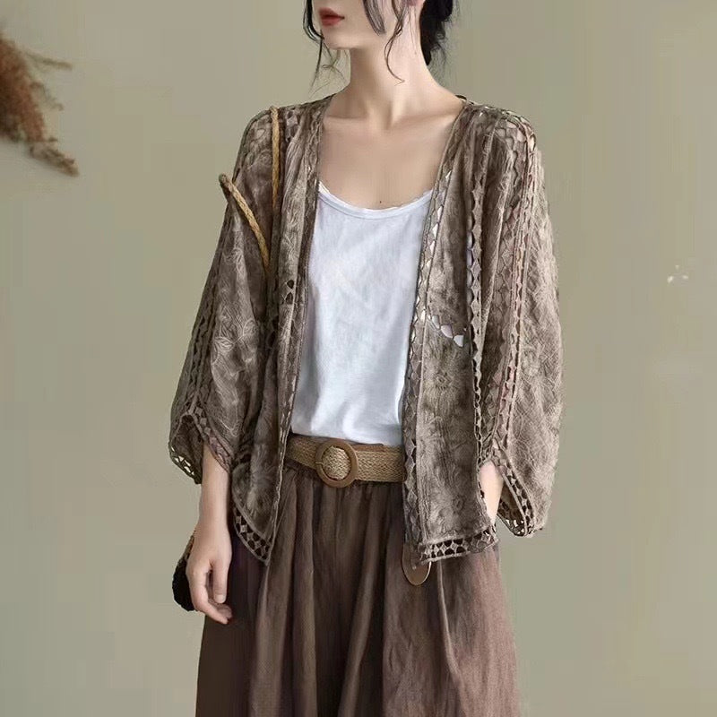 Women's Cotton Crochet Cardigan – Embroidered Slim Fit Long Sleeve