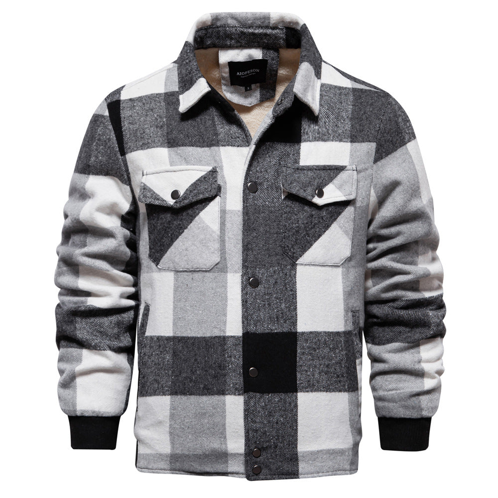 Men's Plaid Cotton Jacket with Zipper Pockets and Smooth Liner