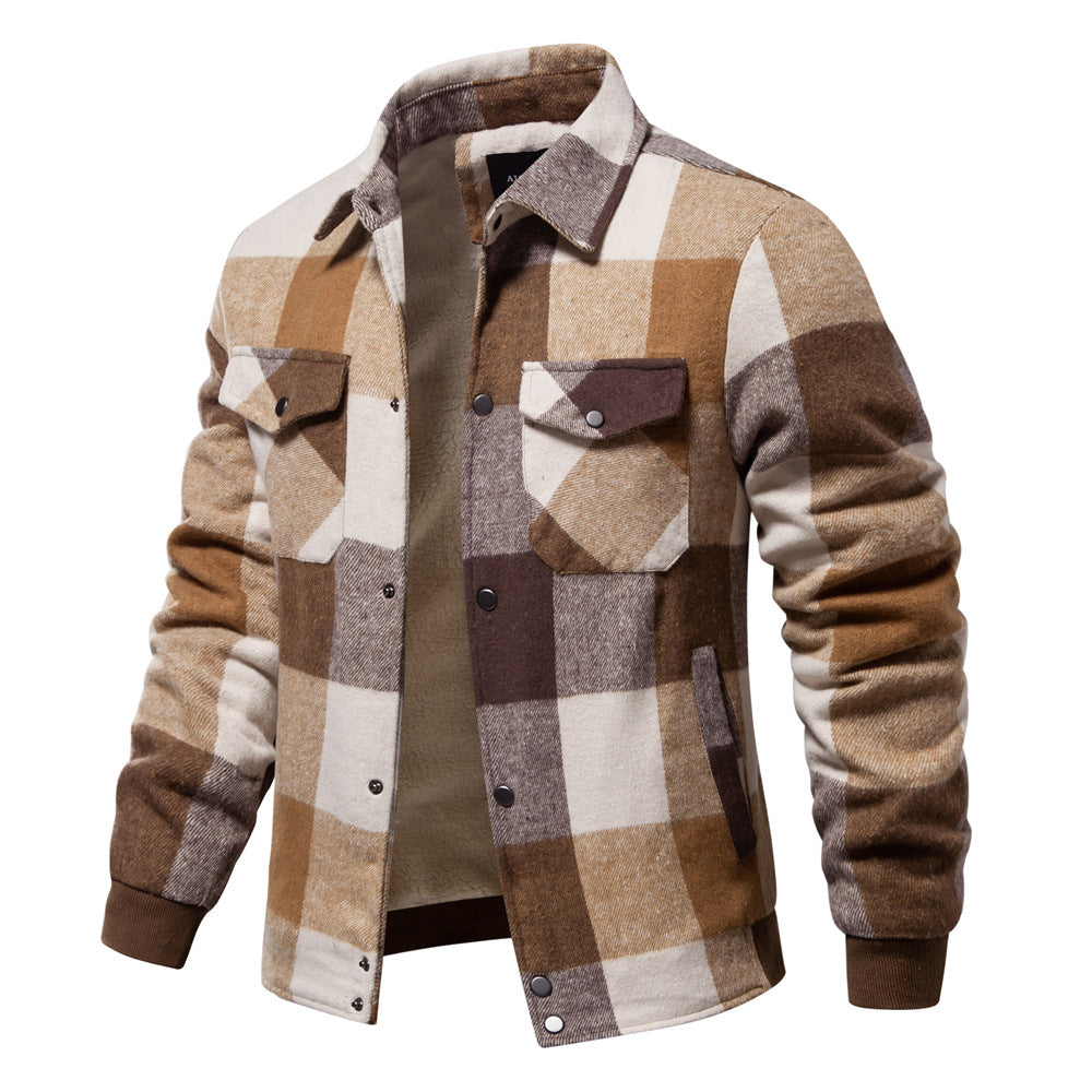Men's Plaid Cotton Jacket with Zipper Pockets and Smooth Liner