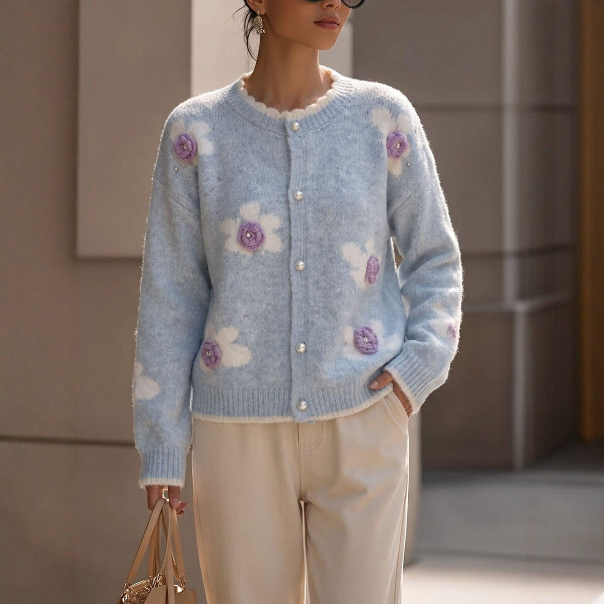 Women's Knit Cardigan with Dimensional Floral Appliqué – Relaxed Fit