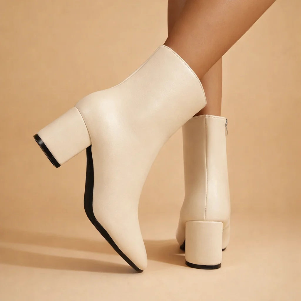 Women's High Heel Chunky Boot – Square Toe Side Zip Design