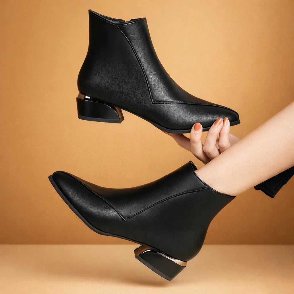 Women's Ankle Boots Vegan Leather Chunky Heel British Style Stitched Boot