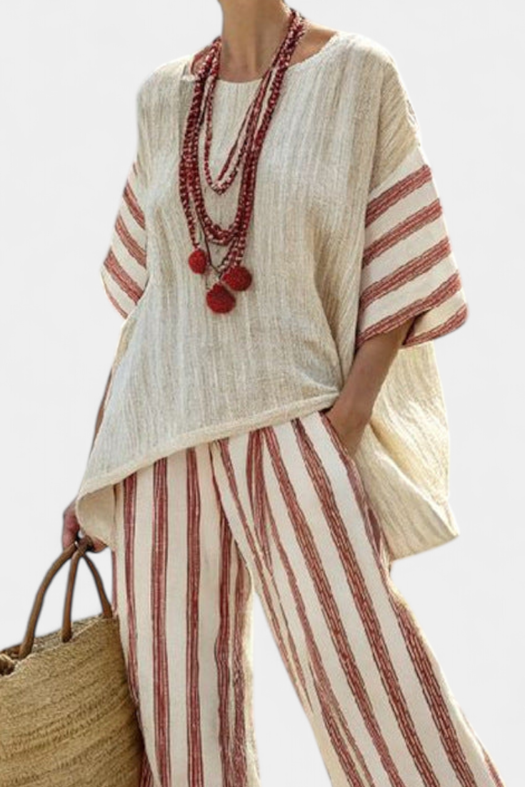 Women's Printed Boho Two-Piece Summer Trouser Set – Oversized Short Sleeve Top and Relaxed Wide Leg Trousers for Casual Holiday Wear