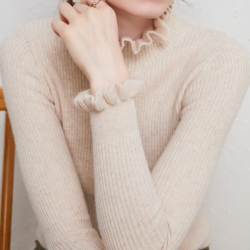 Women’s Ribbed High-Neck Sweater with Ruffled Collar and Cuffs – Fitted Long-Sleeve Knitwear for Elegant Everyday Layering