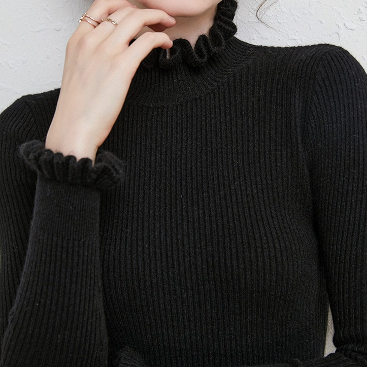 Women’s Ribbed High-Neck Sweater with Ruffled Collar and Cuffs – Fitted Long-Sleeve Knitwear for Elegant Everyday Layering