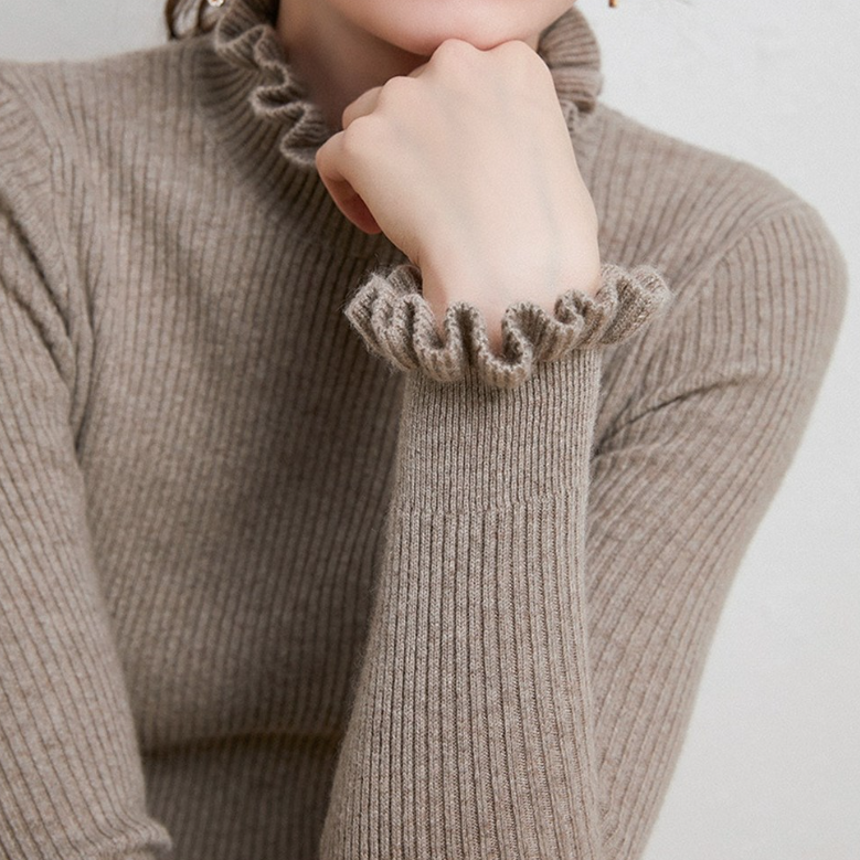 Women’s Ribbed High-Neck Sweater with Ruffled Collar and Cuffs – Fitted Long-Sleeve Knitwear for Elegant Everyday Layering