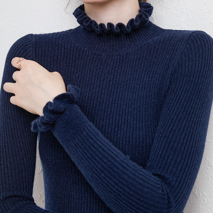 Women’s Ribbed High-Neck Sweater with Ruffled Collar and Cuffs – Fitted Long-Sleeve Knitwear for Elegant Everyday Layering