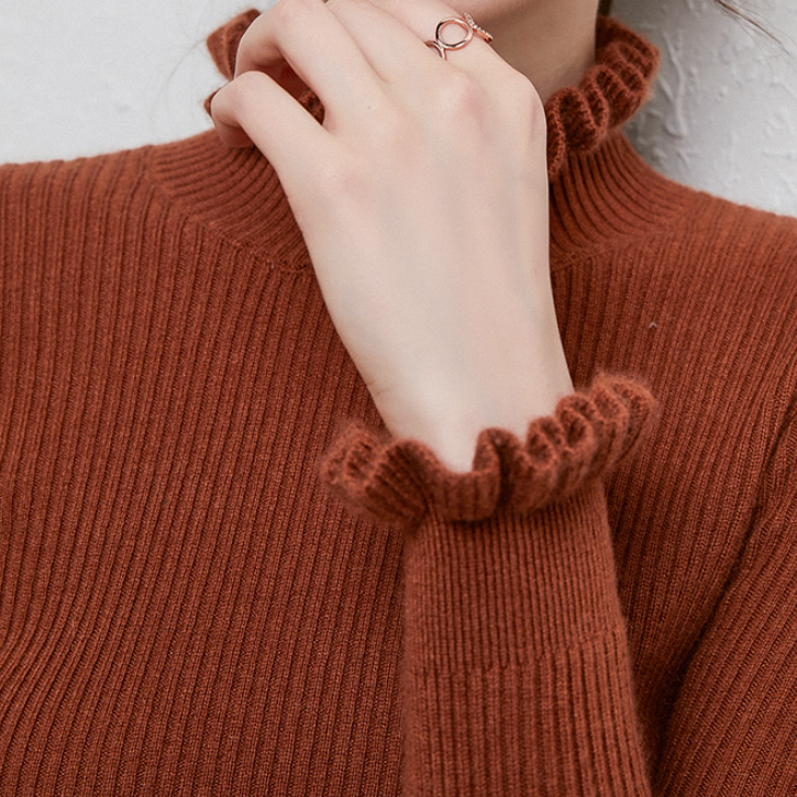 Women’s Ribbed High-Neck Sweater with Ruffled Collar and Cuffs – Fitted Long-Sleeve Knitwear for Elegant Everyday Layering