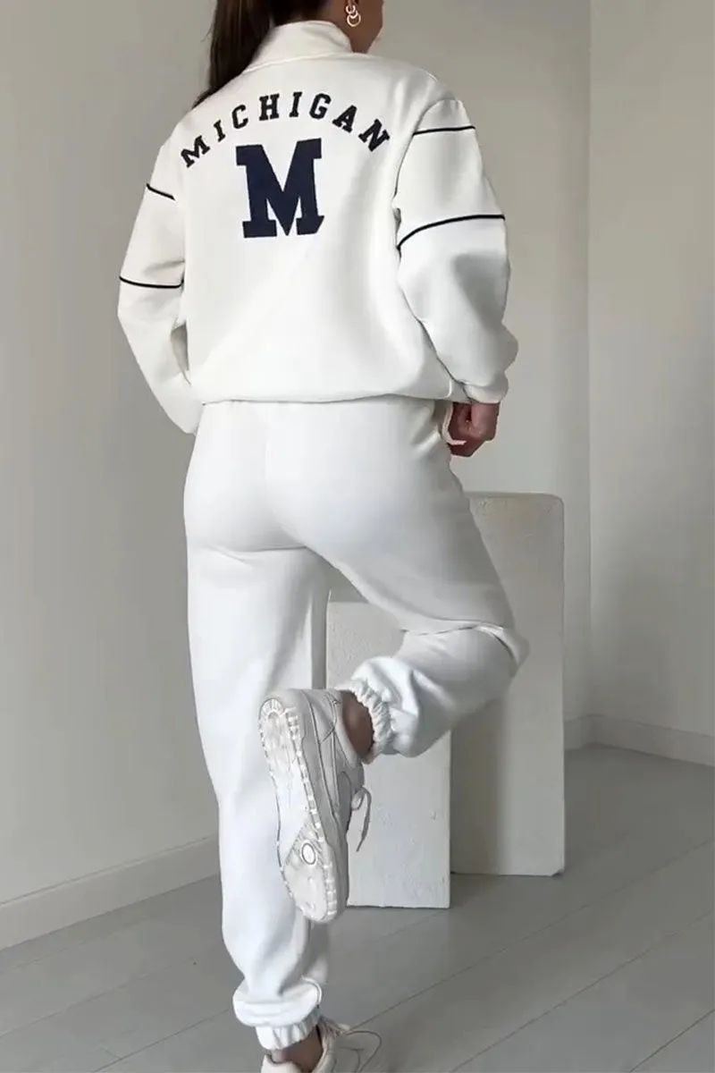 Women’s Half-Zip Sweatshirt and Jogger Set – Relaxed Fit with Contrast Piping and Embroidered Letter Details