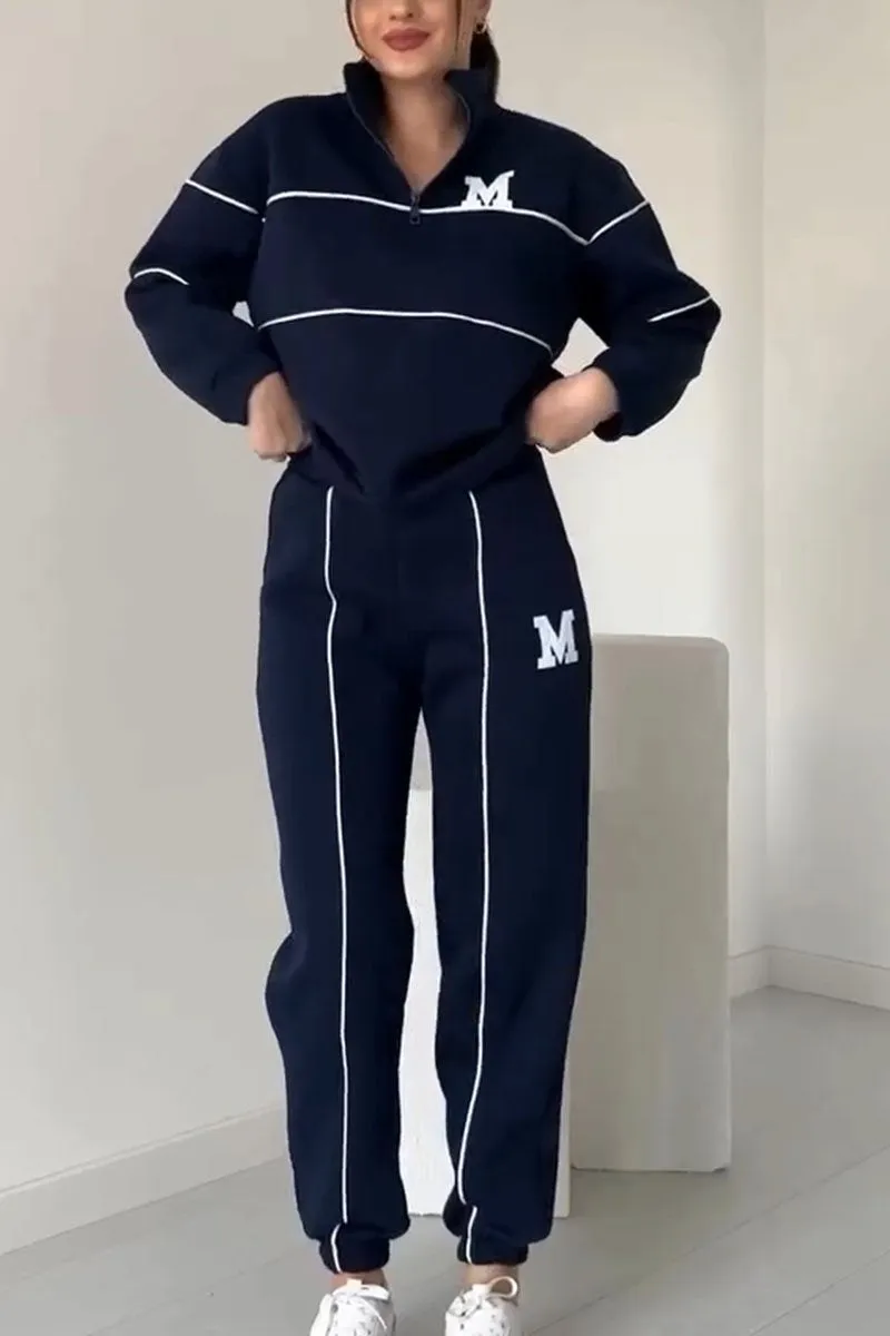 Women’s Half-Zip Sweatshirt and Jogger Set – Relaxed Fit with Contrast Piping and Embroidered Letter Details