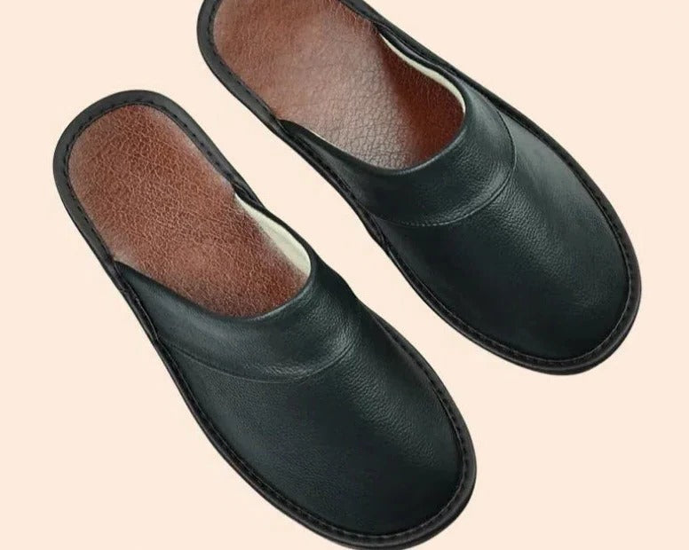 Men's Leather Slippers | Warm Indoor Mule Slippers