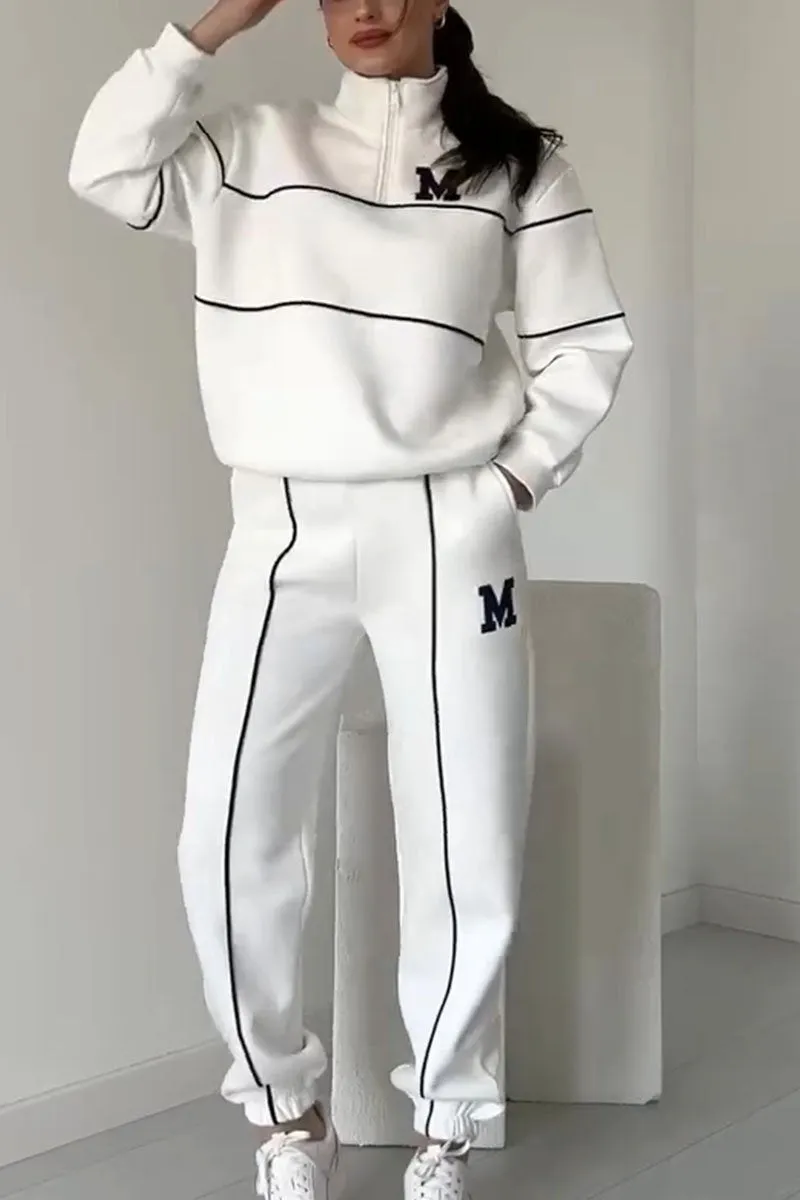 Women’s Half-Zip Sweatshirt and Jogger Set – Relaxed Fit with Contrast Piping and Embroidered Letter Details