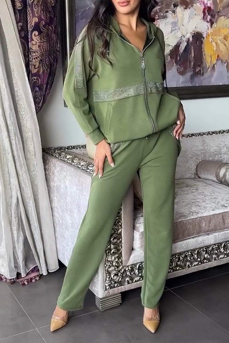 Women's Hooded Zip-Up Jacket and Relaxed Trousers Set – Stylish Contrast Panel Two-Piece Outfit for Everyday Casual Wear