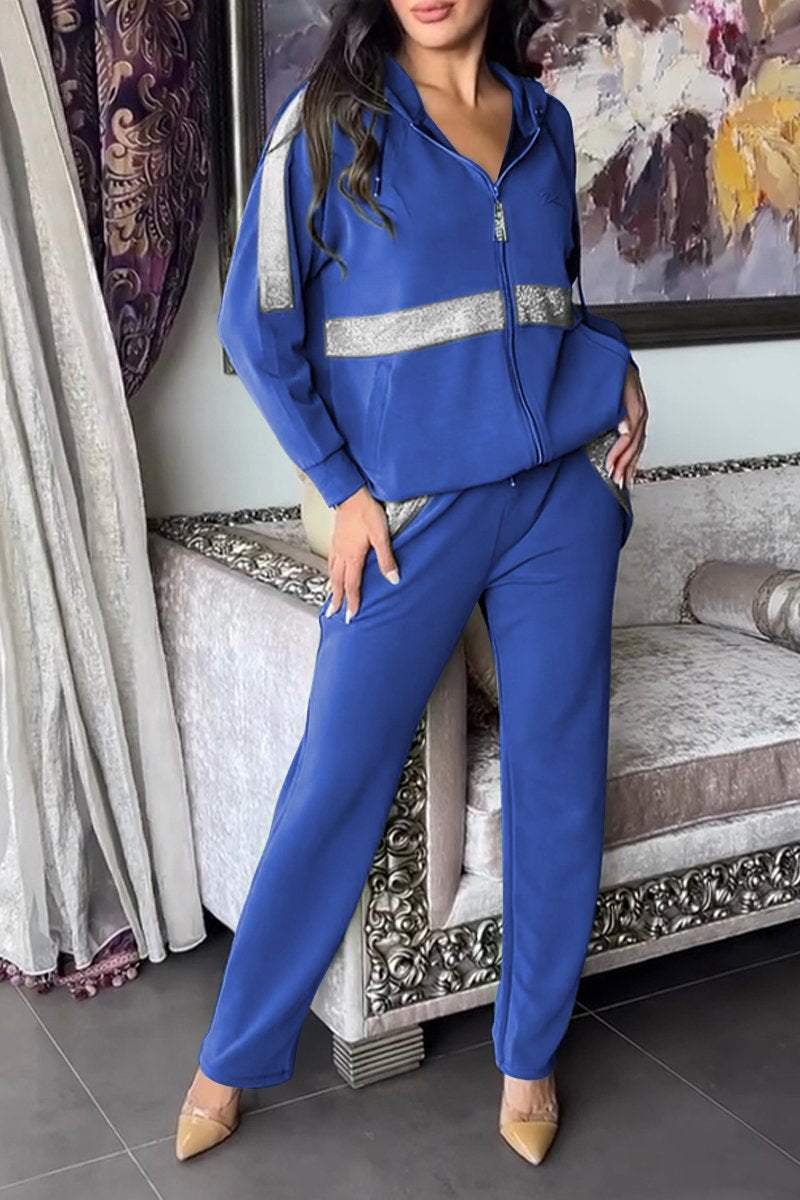 Women's Hooded Zip-Up Jacket and Relaxed Trousers Set – Stylish Contrast Panel Two-Piece Outfit for Everyday Casual Wear