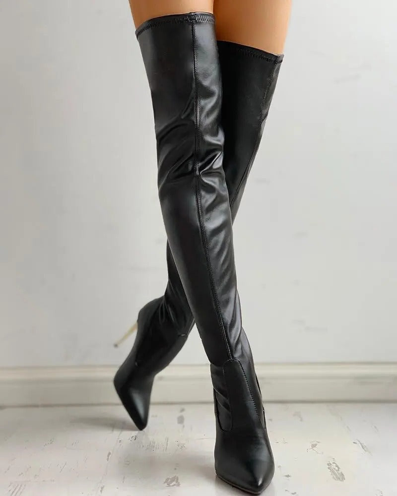 Women's Over-the-Knee Boots | Black Faux Leather High Heel