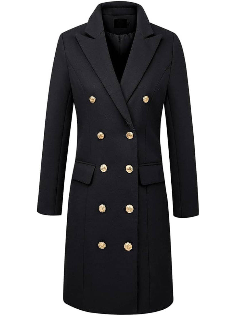 Women's Double Breasted Wool Coat | Midi Length Peacoat