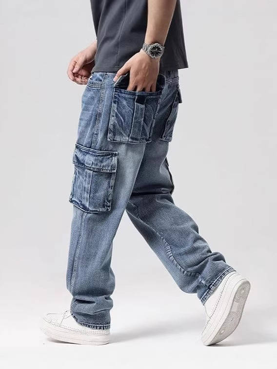 Men's Wide Leg Cargo Jeans | Loose Fit Denim Trousers