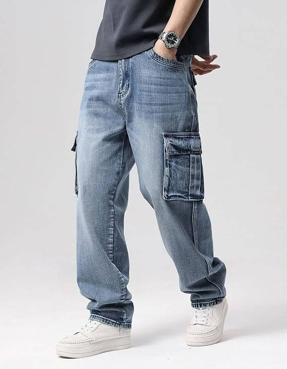 Men's Wide Leg Cargo Jeans | Loose Fit Denim Trousers